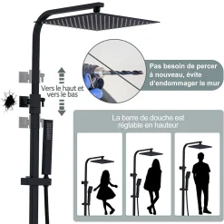 Homelody Colonne de Douche Thermostatique Securite 38C Jet Pluie Hauteur Reglable 855 a 1105 mm Acier Inoxydable Noir pour Salle de Bain