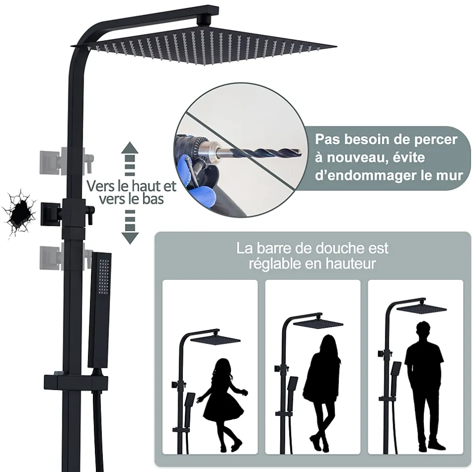 Homelody Colonne de Douche Thermostatique Securite 38C Jet Pluie Hauteur Reglable 855 a 1105 mm Acier Inoxydable Noir pour Salle de Bain
