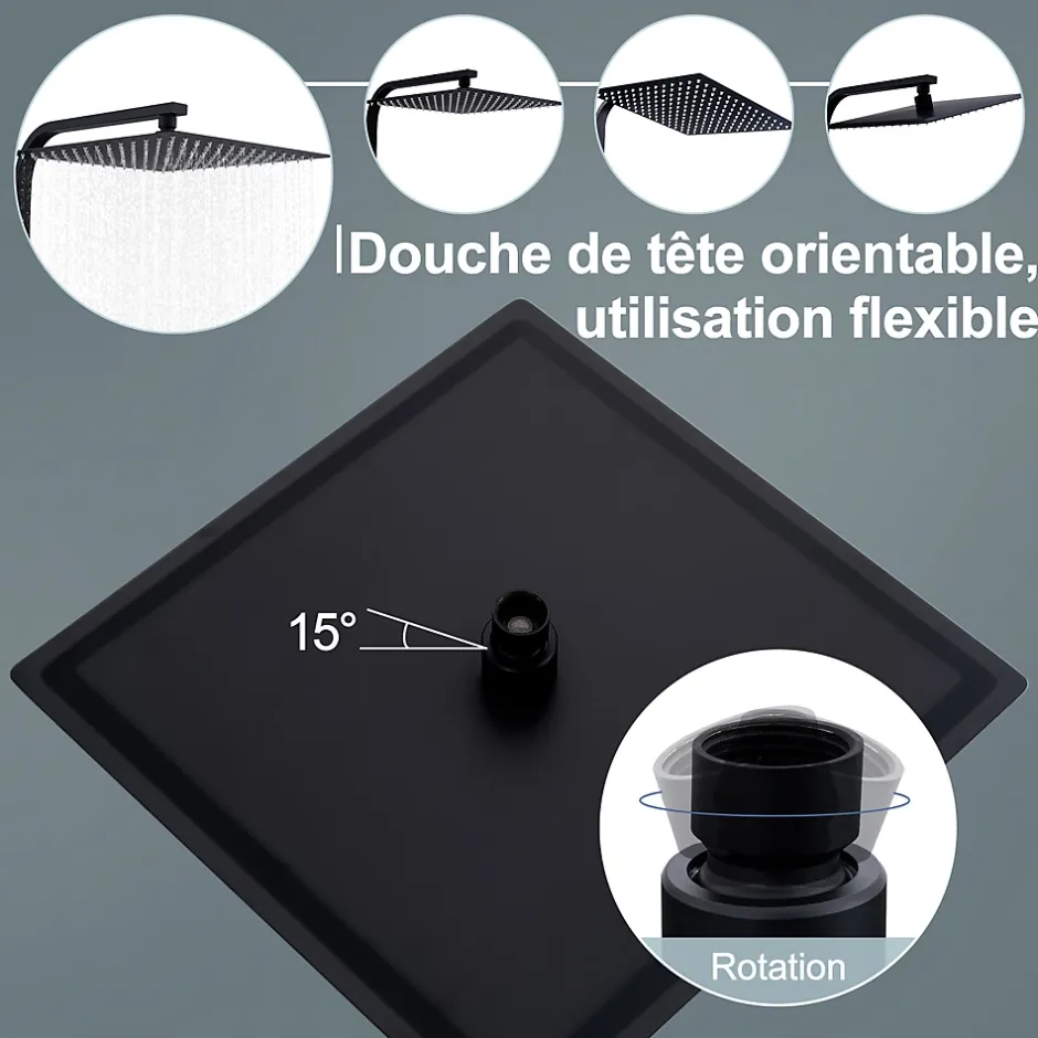 Homelody Colonne de Douche Thermostatique Securite 38C Jet Pluie Hauteur Reglable 855 a 1105 mm Acier Inoxydable Noir pour Salle de Bain