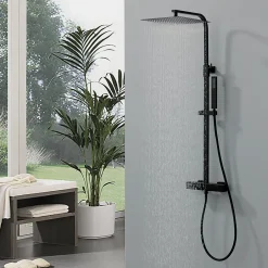 Homelody Colonne de Douche Thermostatique Securite 38C Jet Pluie Hauteur Reglable 855 a 1105 mm Acier Inoxydable Noir pour Salle de Bain