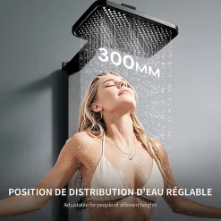 Homelody Colonne de Douche Thermostatique Étagère en Verre avec Cascade Douchette 3 Jets Pommeau de Douche Pluie 300 x 200 mm Noire