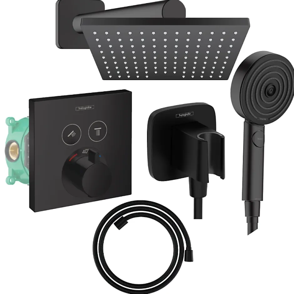 Hansgrohe Colonne de douche thermostatique ShowerSelect E Douche de tête Vernis Shape Flexible Designflex Douchette Pulsify noir