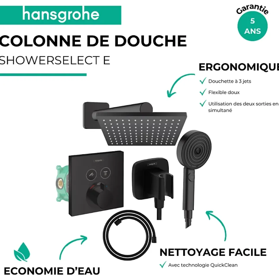 Hansgrohe Colonne de douche thermostatique ShowerSelect E Douche de tête Vernis Shape Flexible Designflex Douchette Pulsify noir