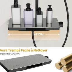 Homelody Colonne de Douche Thermostatique 38C avec Plateau de Rangement de 413mm Ensemble de Douche Noir Comprend une Douche de Tête