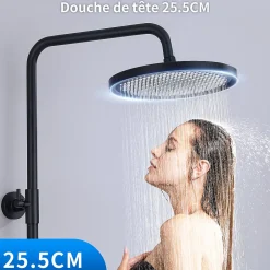 Homelody Colonne de Douche Thermostatique Securite 38C Jet Pluie Hauteur Reglable 1006 a 1206 mm Acier Inoxydable Noir Pour Salle de Bain