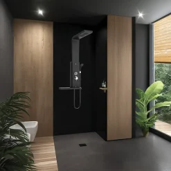 Valentin Colonne de douche thermostatique hydromassante avec tablette, pomme de tête, douchette et flexible, en aluminium anodisé noir, Dune