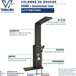 Valentin Colonne de douche thermostatique hydromassante avec tablette, pomme de tête, douchette et flexible, en aluminium anodisé noir, Dune