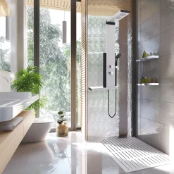 Valentin Colonne de douche thermostatique hydromassante avec tablette, pomme de tête, douchette et flexible, en aluminium anodisé gris, Dune