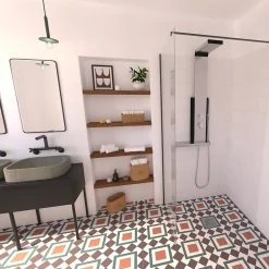 Valentin Colonne de douche thermostatique hydromassante avec tablette, pomme de tête, douchette et flexible, en aluminium anodisé gris, Dune