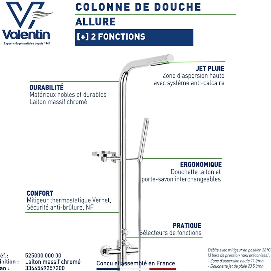 Valentin Colonne de douche thermostatique avec pomme de tête, douchette 1 jet et flexible, porte-savon, laiton chromé, Allure* Colonne De Douche Thermostatique