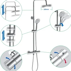 AICA Sanitaire Colonne de douche thermostatique avec pomme de tête, douchette et flexible, effet chromé,rond, AICA* Colonne De Douche Thermostatique