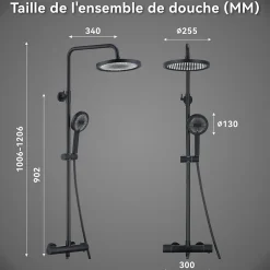 Homelody Colonne De Douche Thermostatique Securite 38C Jet Pluie Hauteur Reglable 1006 A 1206 mm Structure Inox Noire