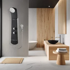 Valentin Colonne de douche thermostatique avec tablettes, pomme de tête, douchette et flexible, noir, Nautilus