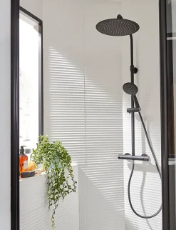 GoodHome Colonne de douche thermostatique avec pommeau + douchette 3 jets + flexible + barre réglable, noir mat, Weddell* Colonne De Douche Thermostatique