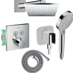 Hansgrohe Colonne de douche thermostatique ShowerSelect E Douche de tête Vernis Shape Flexible Metaflex Douchette Vernis B chromé