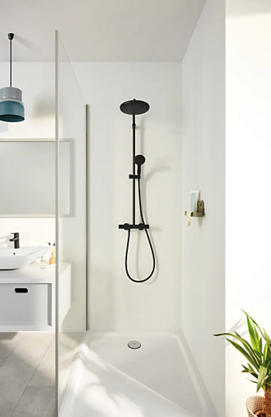 Grohe Colonne de douche thermostatique avec douchette + pommeau + flexible + barre, noir, Vitalio Start 250* Colonne De Douche Thermostatique