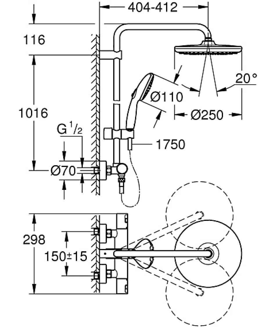Grohe Colonne de douche thermostatique avec douchette + pommeau + flexible + barre, noir, Vitalio Start 250* Colonne De Douche Thermostatique