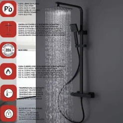 Poalgi Colonne de douche thermostatique avec barre extensible SKY BATH noir mat Inox S304 série PARADISE
