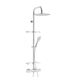 Valentin Colonne de douche thermostatique anti-brûlure avec tablette, pomme de tête ronde, douchette et flexible, chrome, Opium
