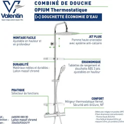 Valentin Colonne de douche thermostatique anti-brûlure avec tablette, pomme de tête ronde, douchette et flexible, chrome, Opium