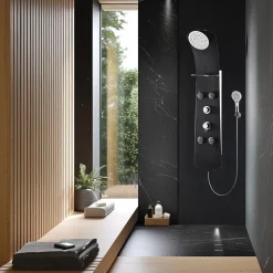 Valentin Colonne de douche thermostatique hydromassante 4 buses avec tablette, pomme de tête, douchette 3 jets et flexible, noir mat, Nautilus* Colonne De Douche Hydromassante