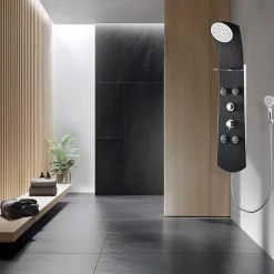 Valentin Colonne de douche thermostatique hydromassante 4 buses avec tablette, pomme de tête, douchette 3 jets et flexible, noir mat, Nautilus* Colonne De Douche Hydromassante