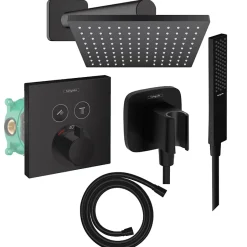 Hansgrohe Colonne de douche thermostatique ShowerSelect E Douche de tête Vernis Shape Flexible Isiflex Douchette PulsifyE noir mat