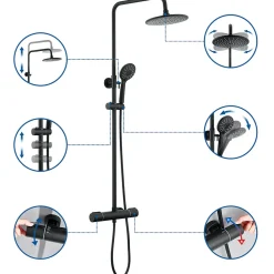 Auralum Max Colonne de Douche Thermostatique 3 Fonctions, Ensemble de Douche Noir, Douche avec Tête de Douche de 9 pouces