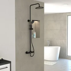 Galedo Colonne de douche thermostatique avec pommeau + douchette 2 jets + flexible + barre réglable, noir mat, Arty