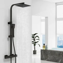 AICA Sanitaire Colonne de douche thermostatique avec pomme de tête, douchette et flexible,noir mat, AICA