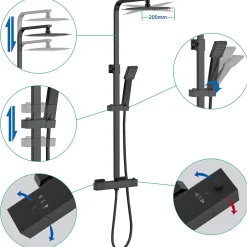 AICA Sanitaire Colonne de douche thermostatique avec pomme de tête, douchette et flexible,noir mat, AICA
