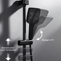Homelody Colonne de Douche Thermostatique avec Étagère Jet Pluie et Cascade Hauteur Réglable 800-1000 mm Verre et Laiton Noir