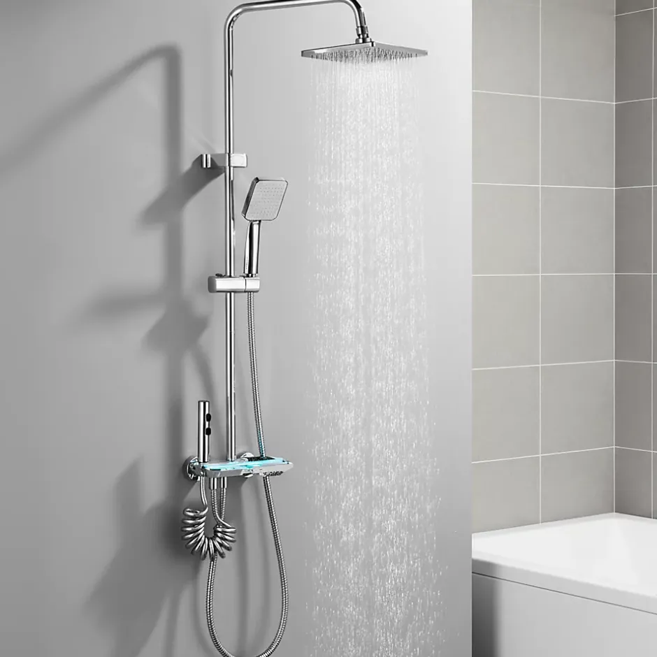 Homelody Colonne de Douche Thermostatique avec Étagère Jet Pluie et Cascade Hauteur Réglable 800-1000 mm Verre et Laiton Chromé
