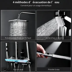 Homelody Colonne de Douche Thermostatique avec Étagère Jet Pluie et Cascade Hauteur Réglable 800-1000 mm Verre et Laiton Chromé