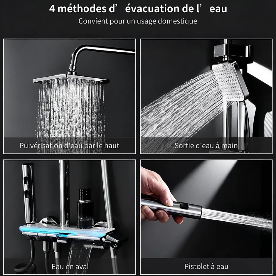 Homelody Colonne de Douche Thermostatique avec Étagère Jet Pluie et Cascade Hauteur Réglable 800-1000 mm Verre et Laiton Chromé