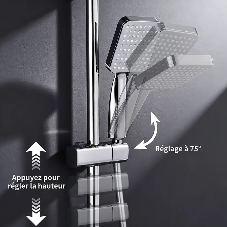 Homelody Colonne de Douche Thermostatique avec Étagère Jet Pluie et Cascade Hauteur Réglable 800-1000 mm Verre et Laiton Chromé