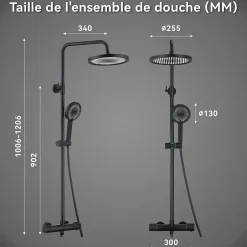 Homelody Colonne de Douche Thermostatique Noir Ensemble de Douche Avec Douchette 3 Fonctions Jet Pluie Hauteur Réglable 1006 a 1206 mm