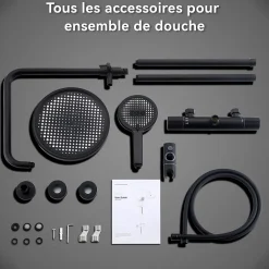 Homelody Colonne de Douche Thermostatique Noir Ensemble de Douche Avec Douchette 3 Fonctions Jet Pluie Hauteur Réglable 1006 a 1206 mm