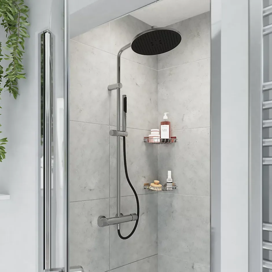 GoodHome Colonne de douche thermostatique avec pommeau, douchette 2 jets, flexible, barre réglable, chrome, Levanna* Colonne De Douche Thermostatique