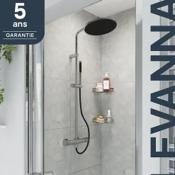 GoodHome Colonne de douche thermostatique avec pommeau, douchette 2 jets, flexible, barre réglable, chrome, Levanna* Colonne De Douche Thermostatique