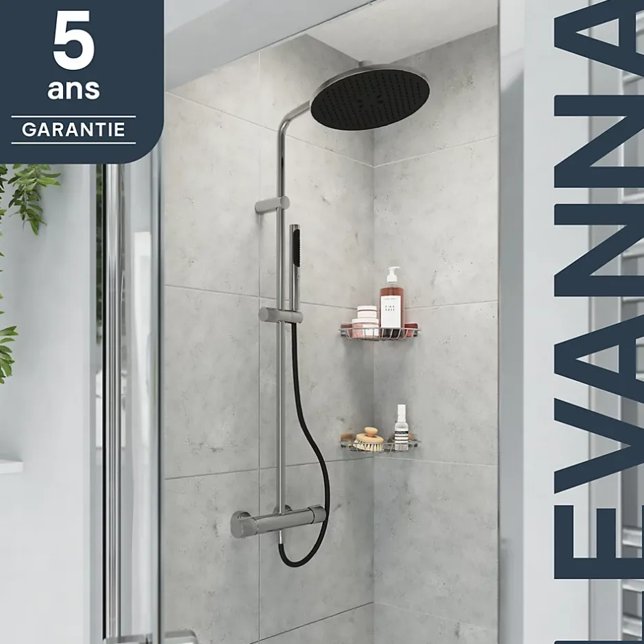GoodHome Colonne de douche thermostatique avec pommeau, douchette 2 jets, flexible, barre réglable, chrome, Levanna* Colonne De Douche Thermostatique