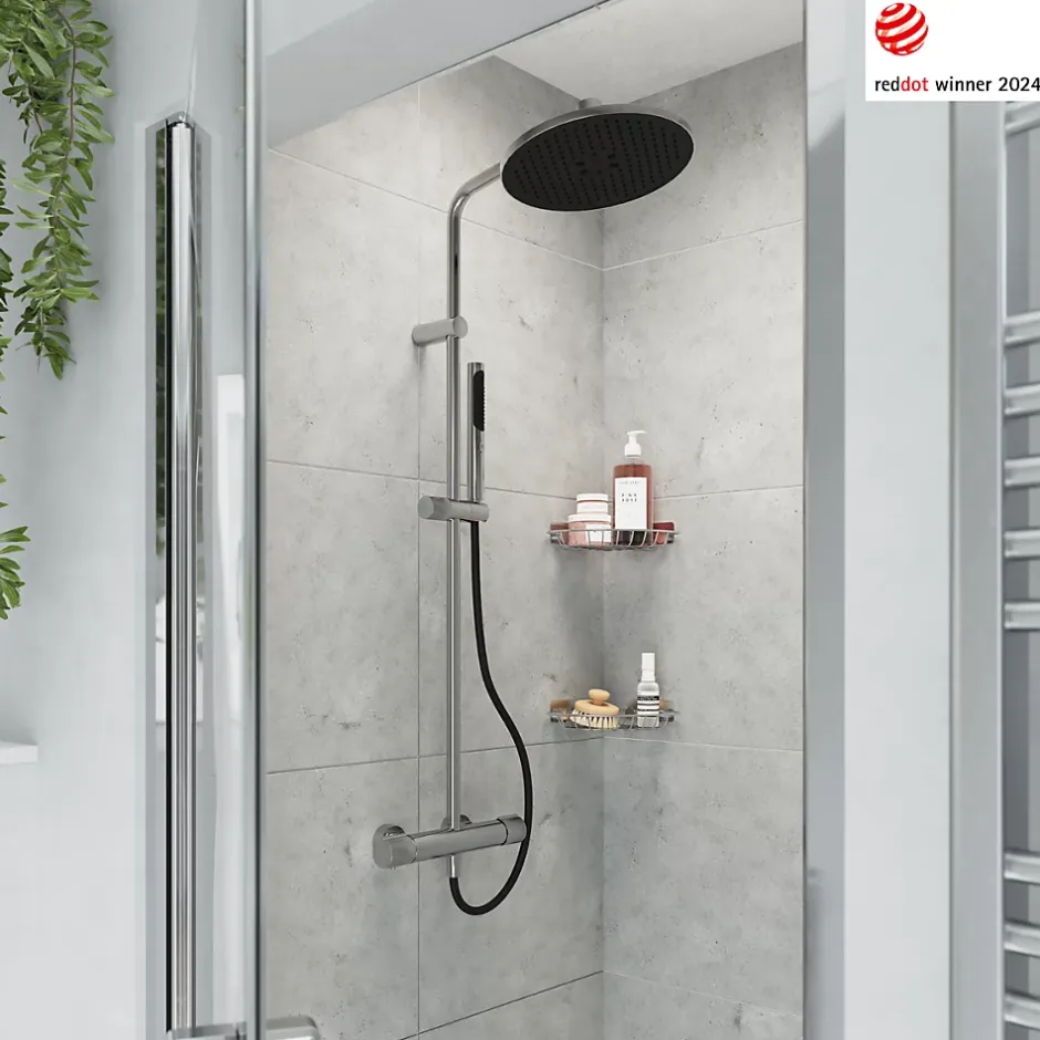 GoodHome Colonne de douche thermostatique avec pommeau, douchette 2 jets, flexible, barre réglable, chrome, Levanna* Colonne De Douche Thermostatique