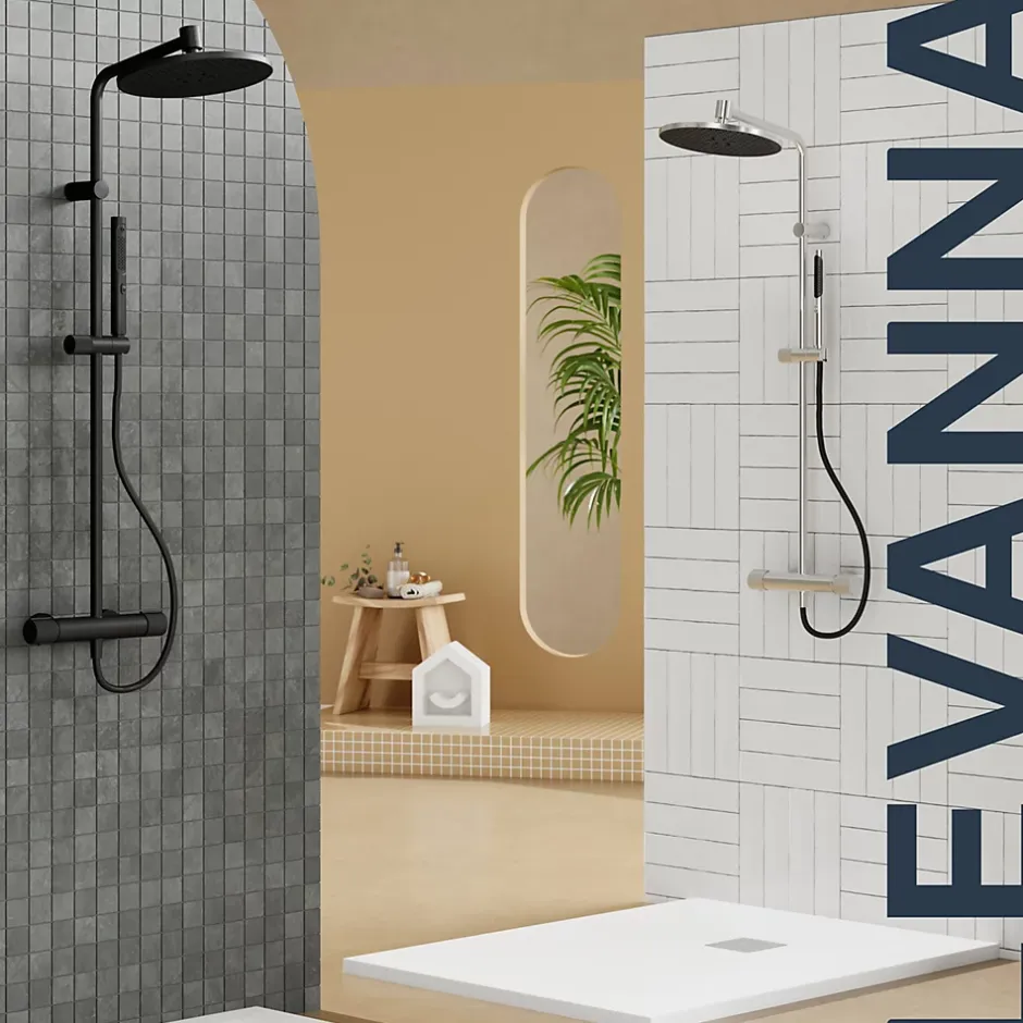 GoodHome Colonne de douche thermostatique avec pommeau, douchette 2 jets, flexible, barre réglable, chrome, Levanna* Colonne De Douche Thermostatique