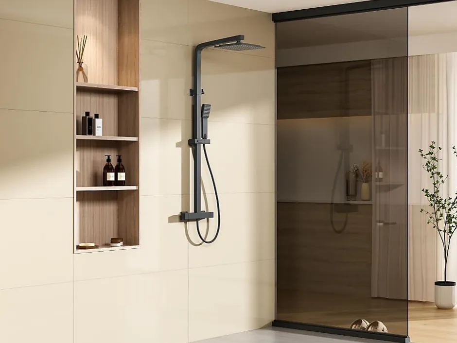 Vente-unique Colonne de douche thermostatique en acier inoxydable - 120 cm - Noir mat - PENEDA* Colonne De Douche Thermostatique