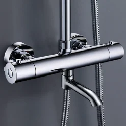 Kibath Colonne de douche thermostatique extra-longue AVEC bec carré de 100-150 cm, finition chrome poli, en laiton* Colonne De Douche Thermostatique
