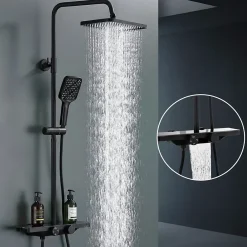 Homelody Colonne de Douche Thermostatique 38C avec Etageres Tete de Douche Pluie et Douchette Hauteur Reglable 1000 a 1240 mm Inox Noir* Colonne De Douche Thermostatique