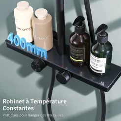 Homelody Colonne de Douche Thermostatique 38C avec Etageres Tete de Douche Pluie et Douchette Hauteur Reglable 1000 a 1240 mm Inox Noir* Colonne De Douche Thermostatique