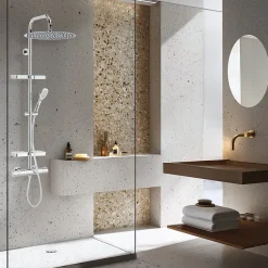 Valentin Colonne de douche thermostatique avec tablettes, pomme de tête large, douchette et flexible, chrome, Opium* Colonne De Douche Thermostatique