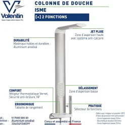 Valentin Colonne de douche thermostatique hydromassante avec tablette, pomme de tête et flexible, en aluminium anodisé gris, Isme