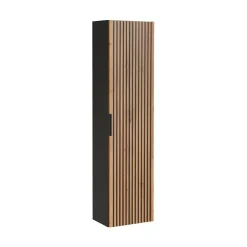 Meublorama Colonne de salle de bain KINOKO 1 porte Finition lattes effet bois naturel et noir L35 x P25 x H140 cm Meuble suspendu